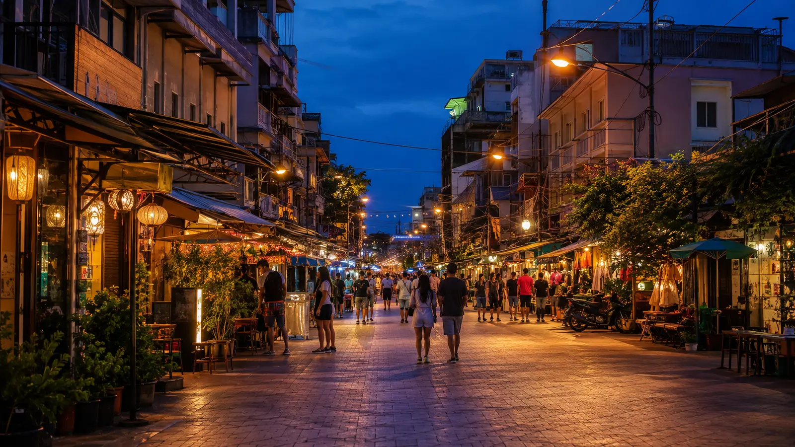 Photorealistic Khaosan Road street scene at blue hour
