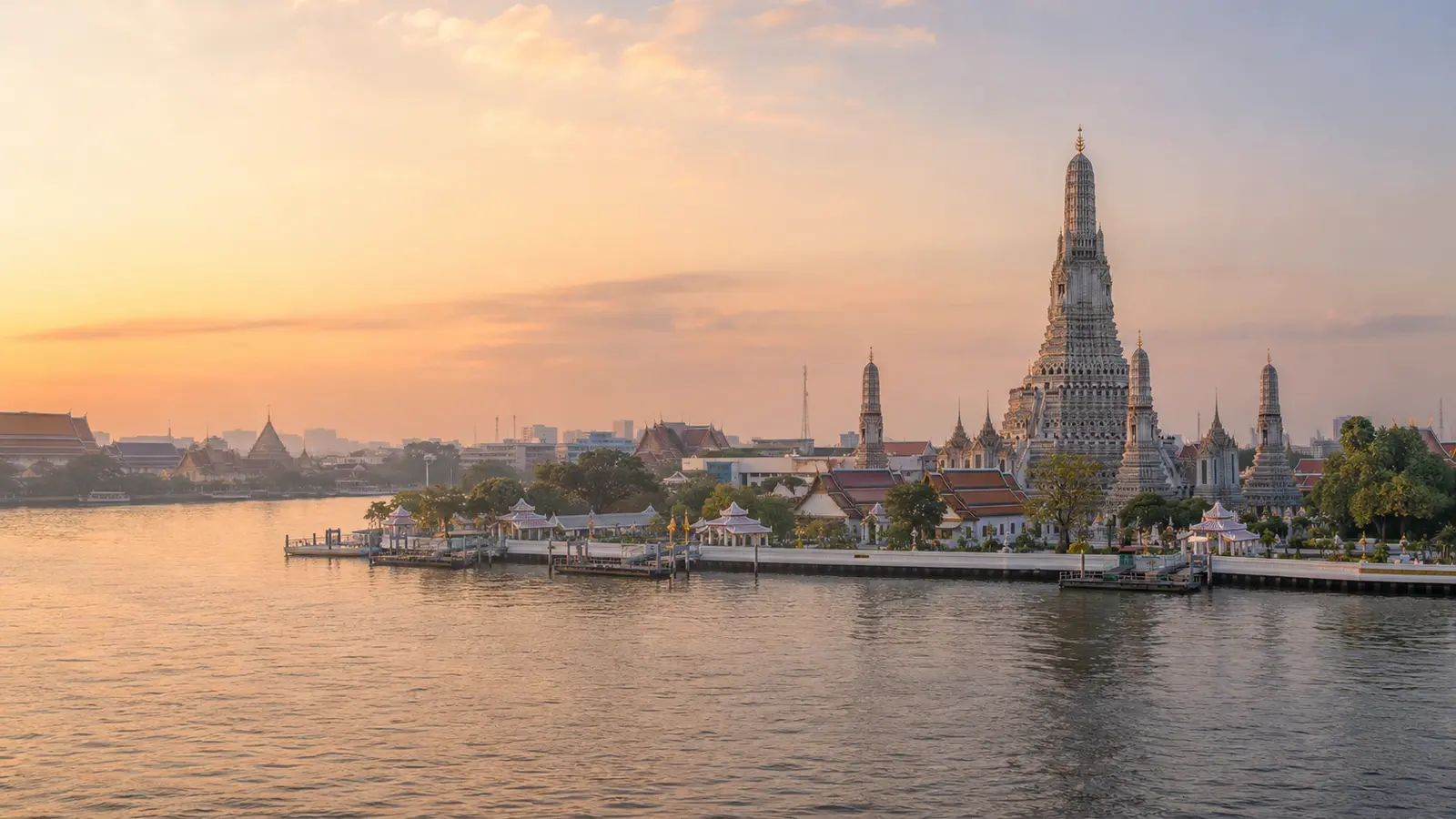 Photorealistic view of Wat Arun across the Chao Phraya River at dawn
