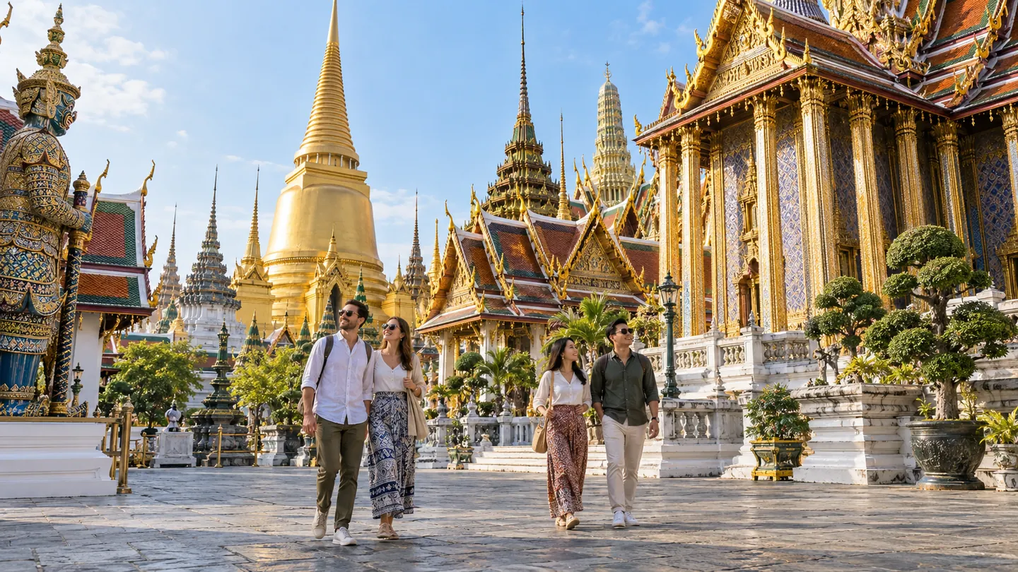 Illustrative scene of four tourists exploring Bangkok temple architecture