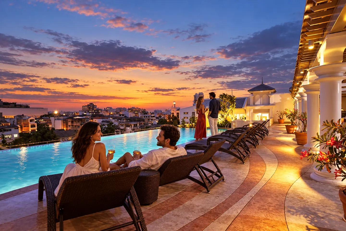 Two couples at the actual Chillax Resort rooftop pool at twilight
