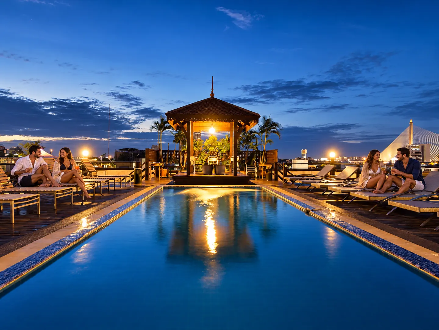 Two couples at the actual Khaosan Palace rooftop pool
