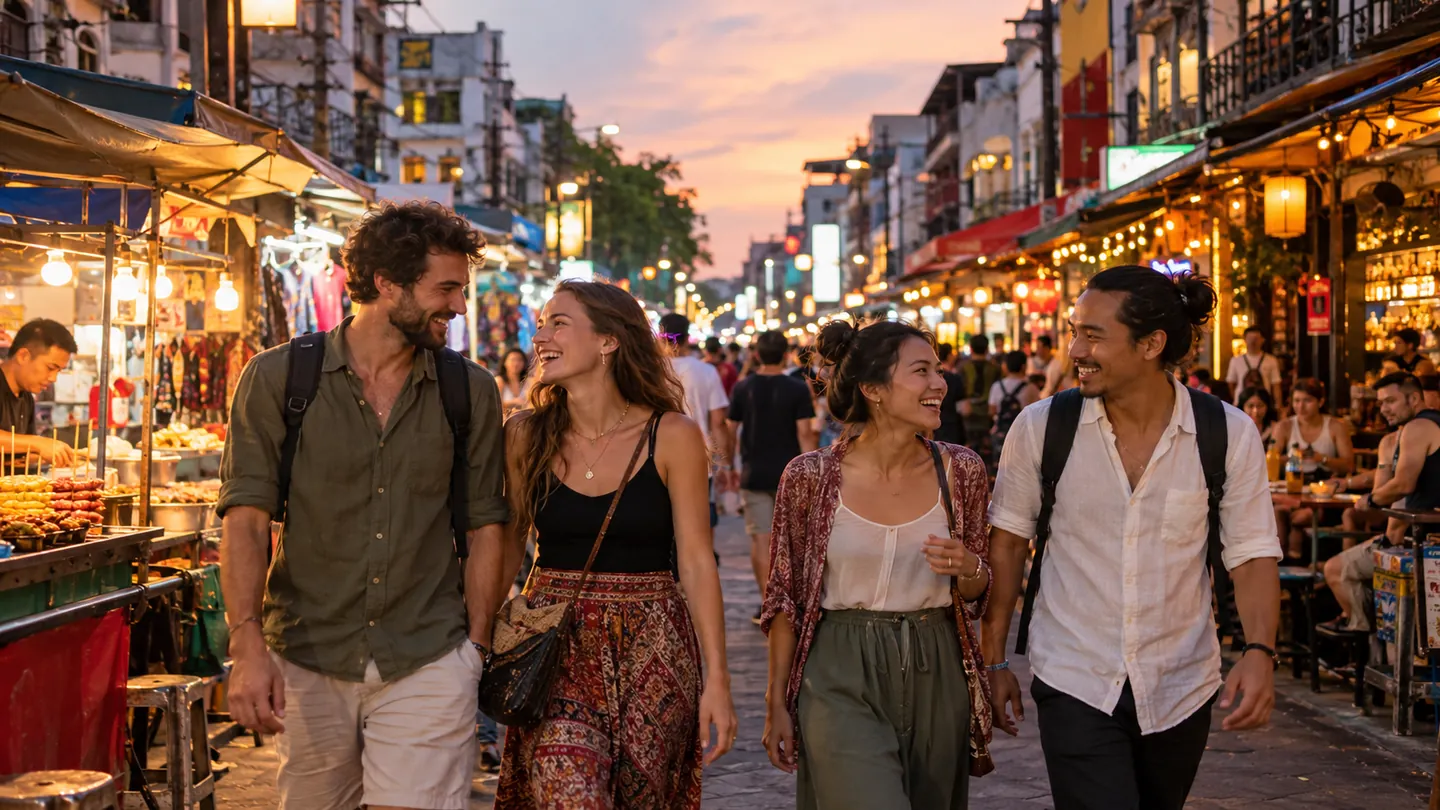 Illustrative scene of four tourists exploring Khao San Road at dusk