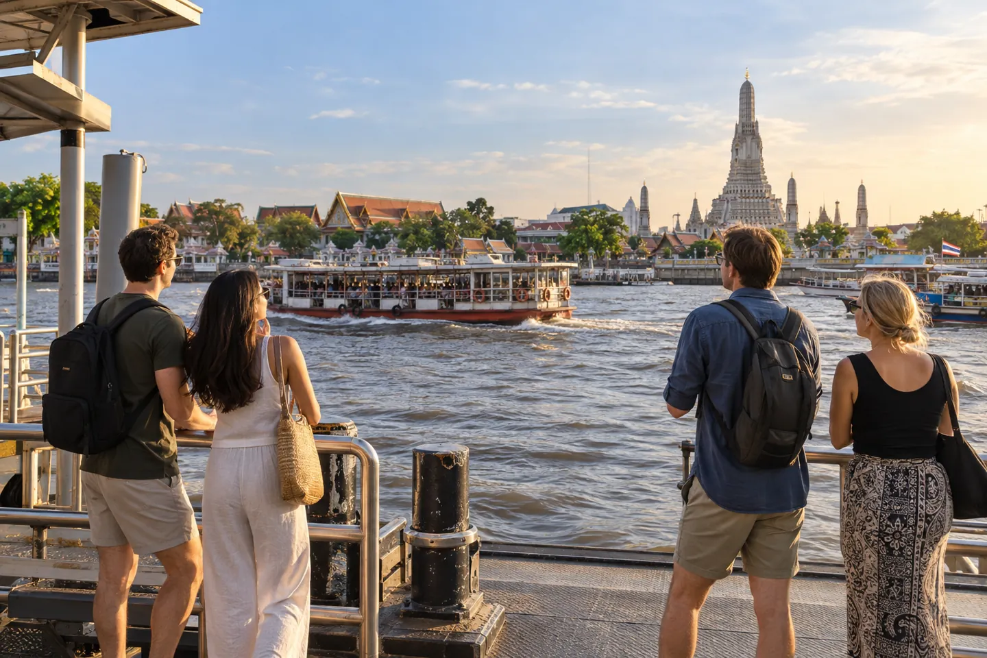 Illustrative scene of tourists watching a Bangkok river ferry