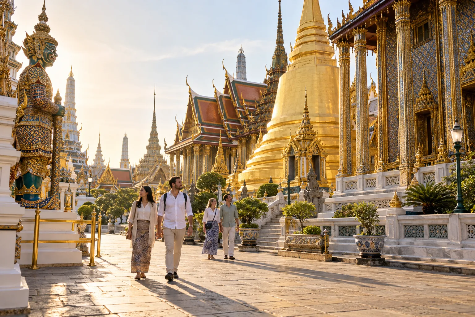 Illustrative travel scene of couples at the Grand Palace precinct