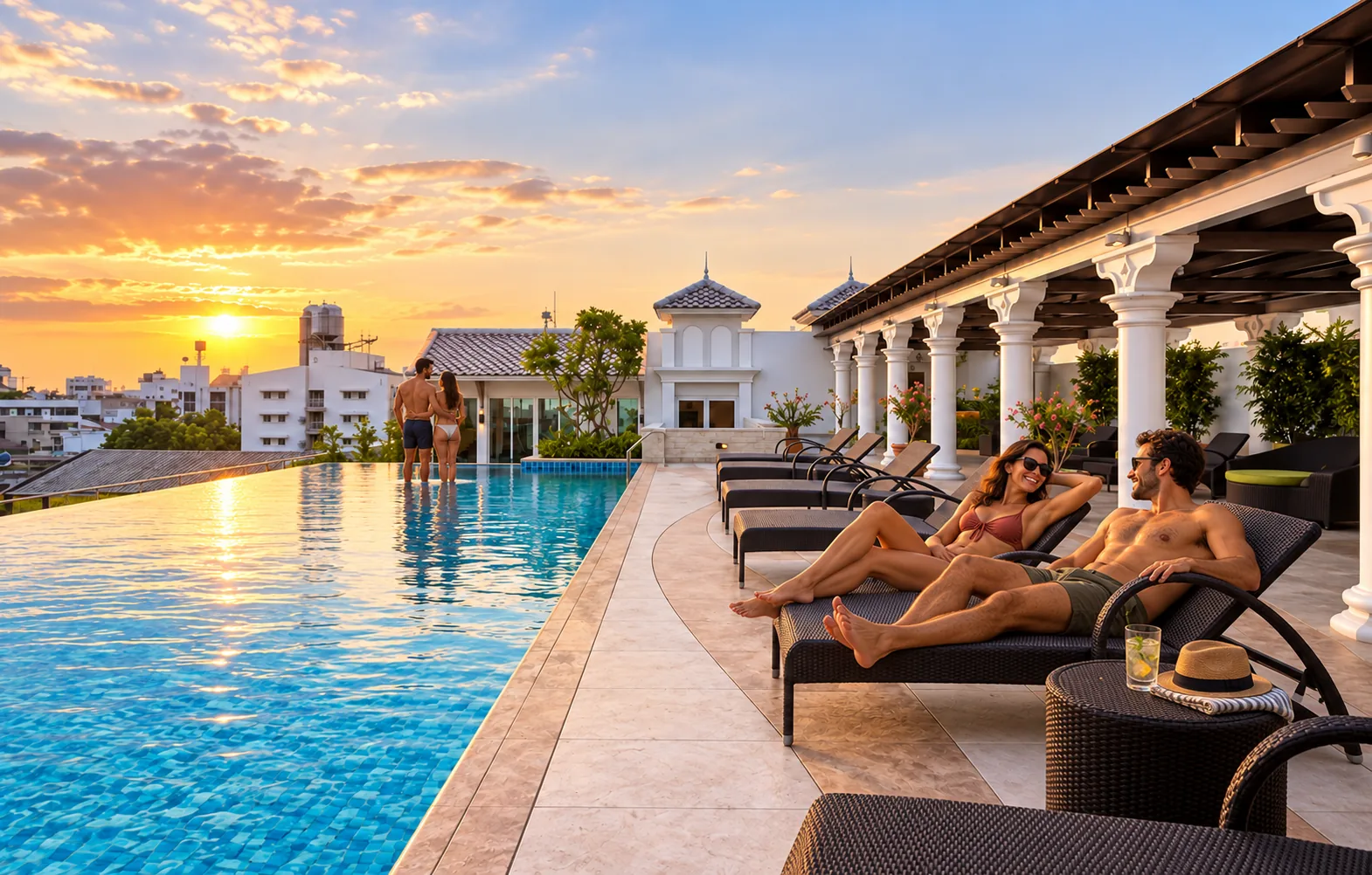 Two tourist couples at the Chillax Resort rooftop pool at sunset