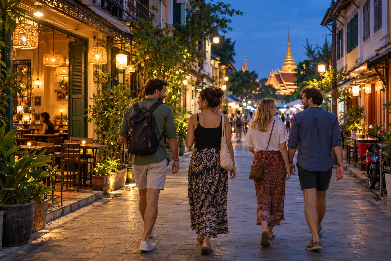 Illustrative scene of couples walking a Bangkok Old Town lane