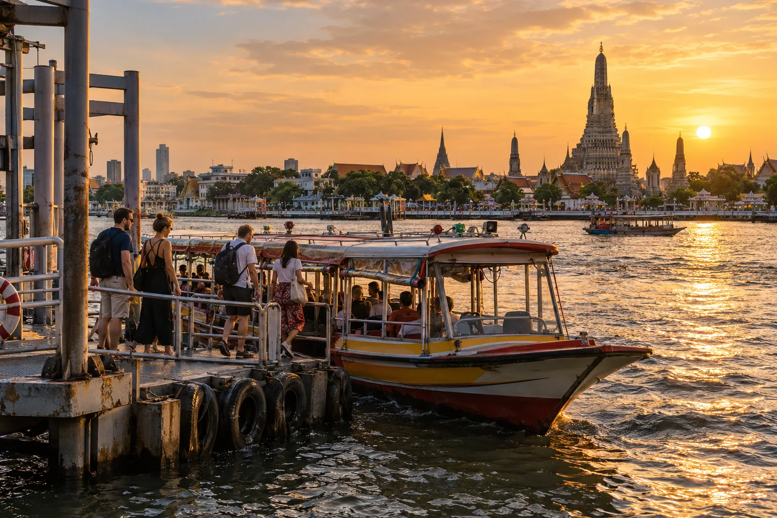 Illustrative travel scene of couples boarding a Chao Phraya river boat