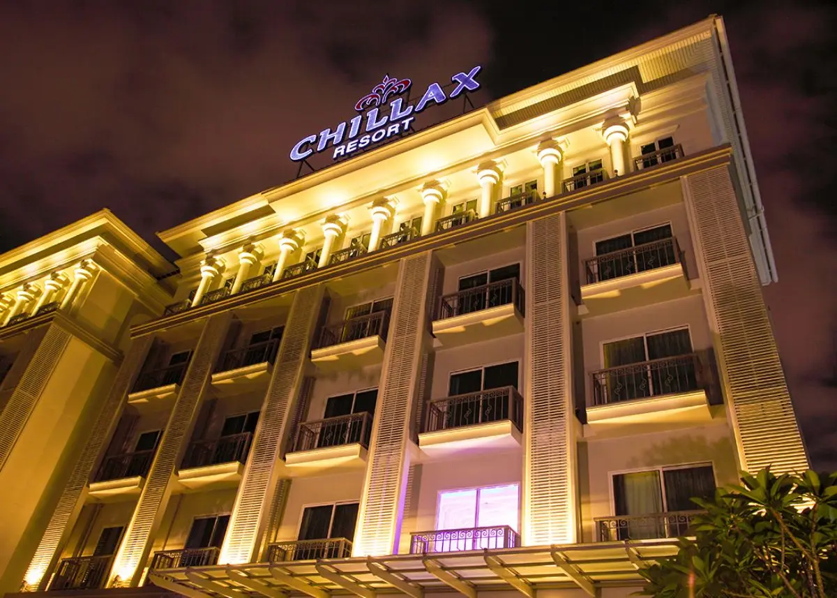 Chillax Resort Bangkok illuminated at night