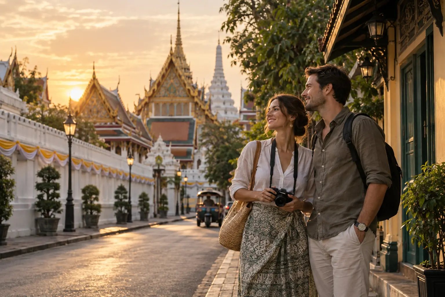 Adult tourists exploring Bangkok Old Town at golden hour