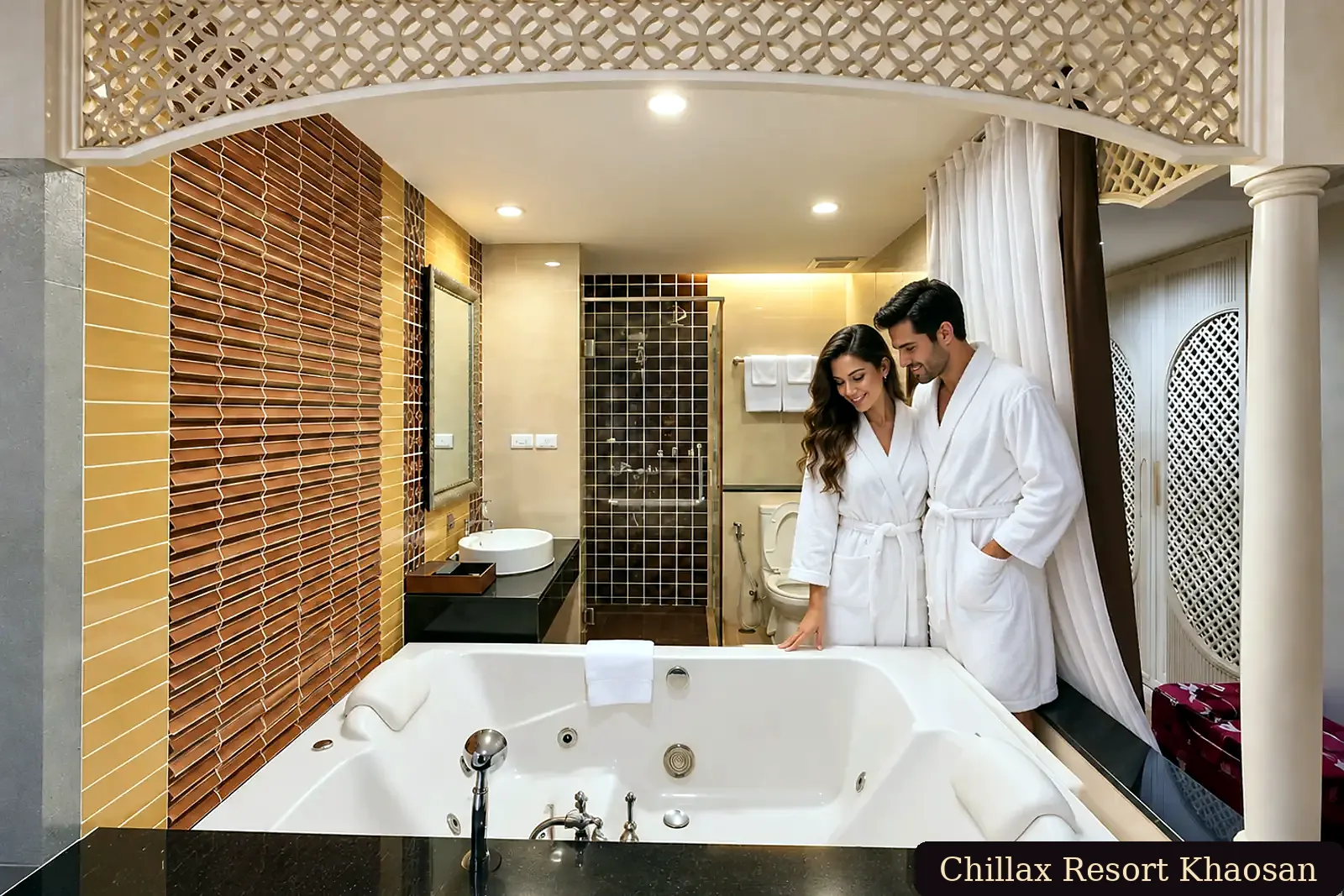 Adult couple admiring the spacious Deluxe Room whirlpool bath at Chillax Resort