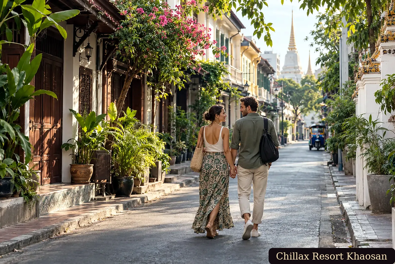 Adult couple walking along a peaceful heritage lane in Bangkok Old Town