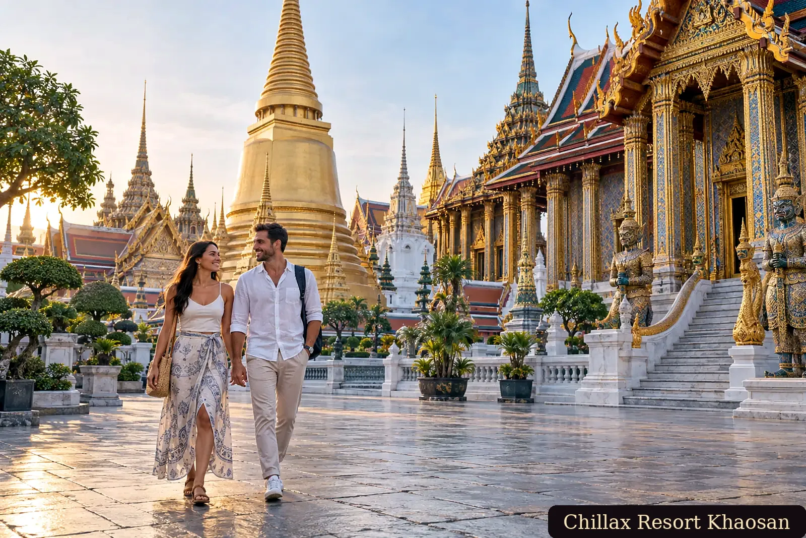 Adult couple visiting Bangkok Grand Palace and Wat Phra Kaew in the morning