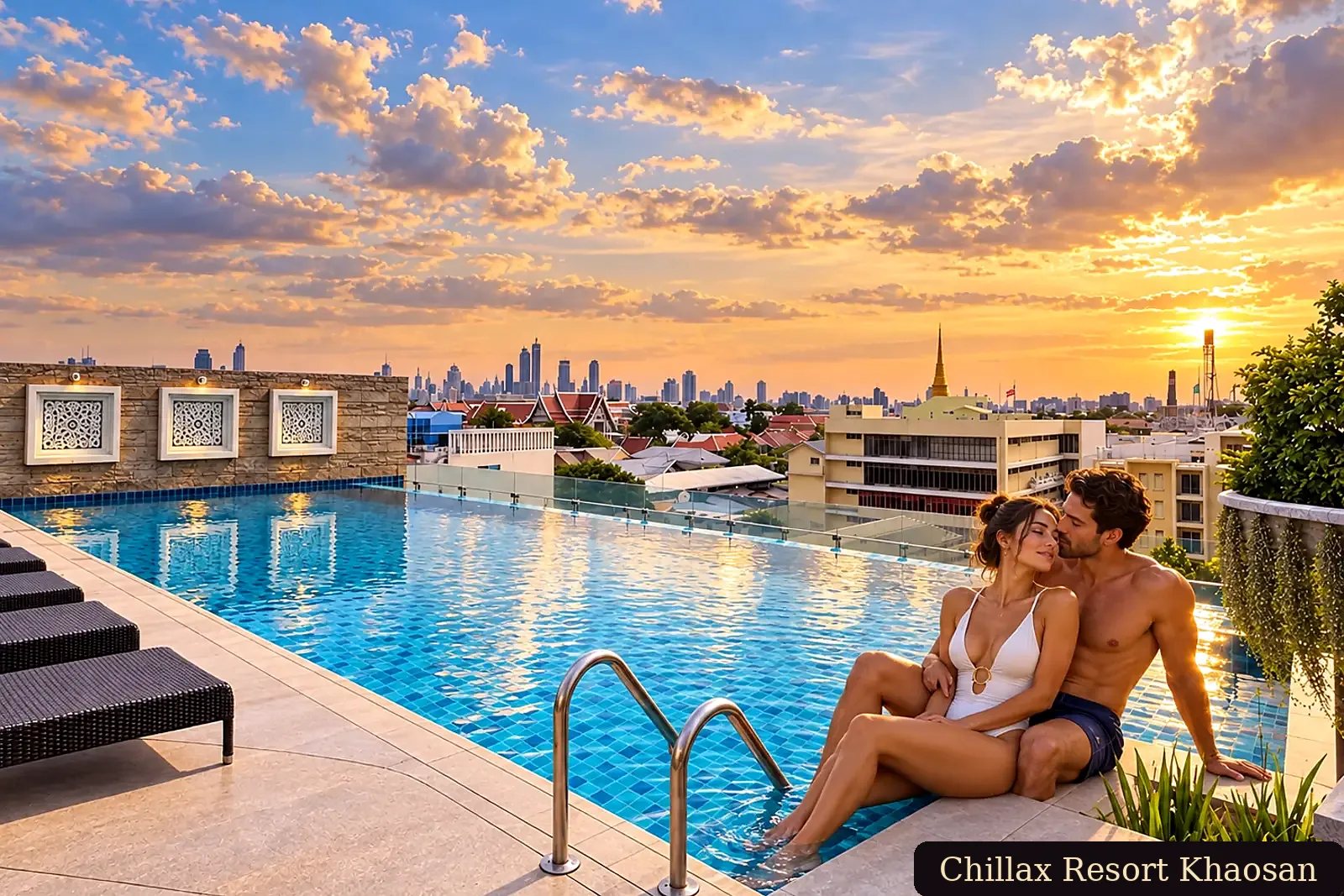 Adult couple relaxing at the Chillax Resort rooftop pool above Bangkok Old Town