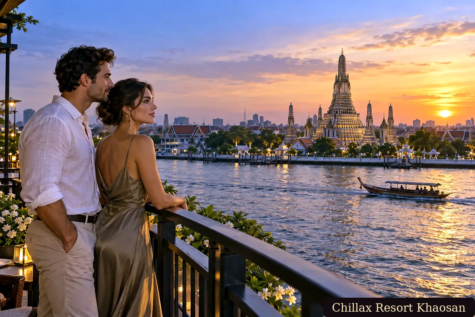 Adult couple watching sunset over Wat Arun and the Chao Phraya River