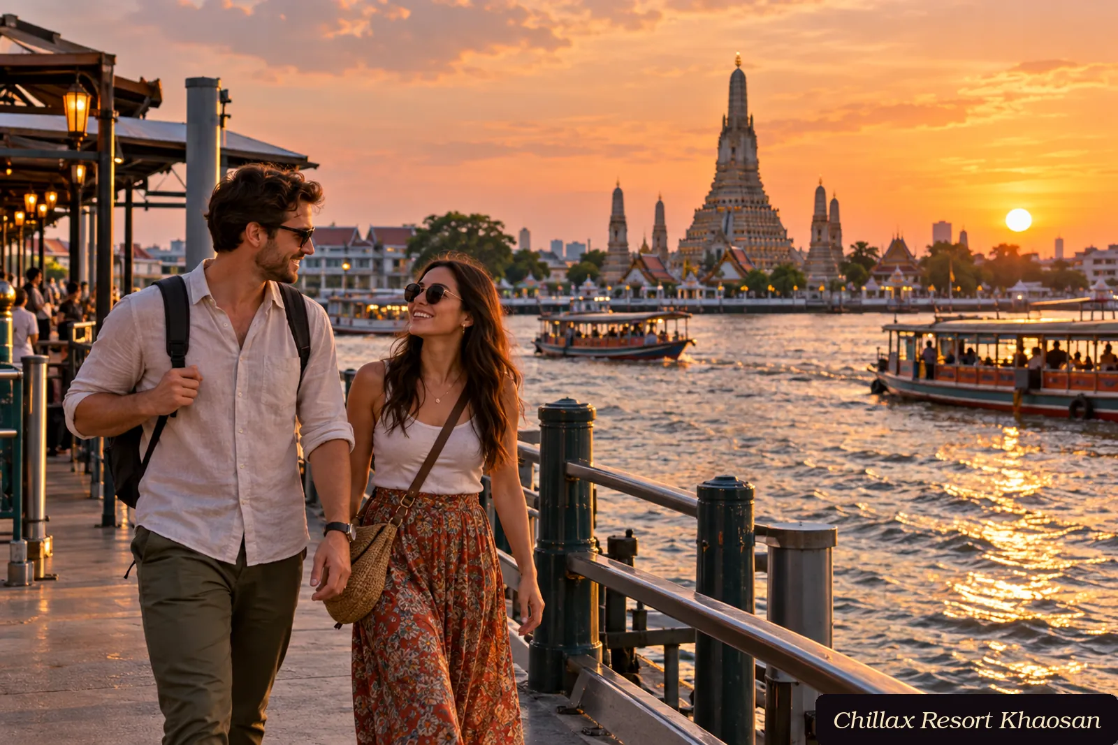 Adult tourist couple walking by the Chao Phraya River with Wat Arun at sunset