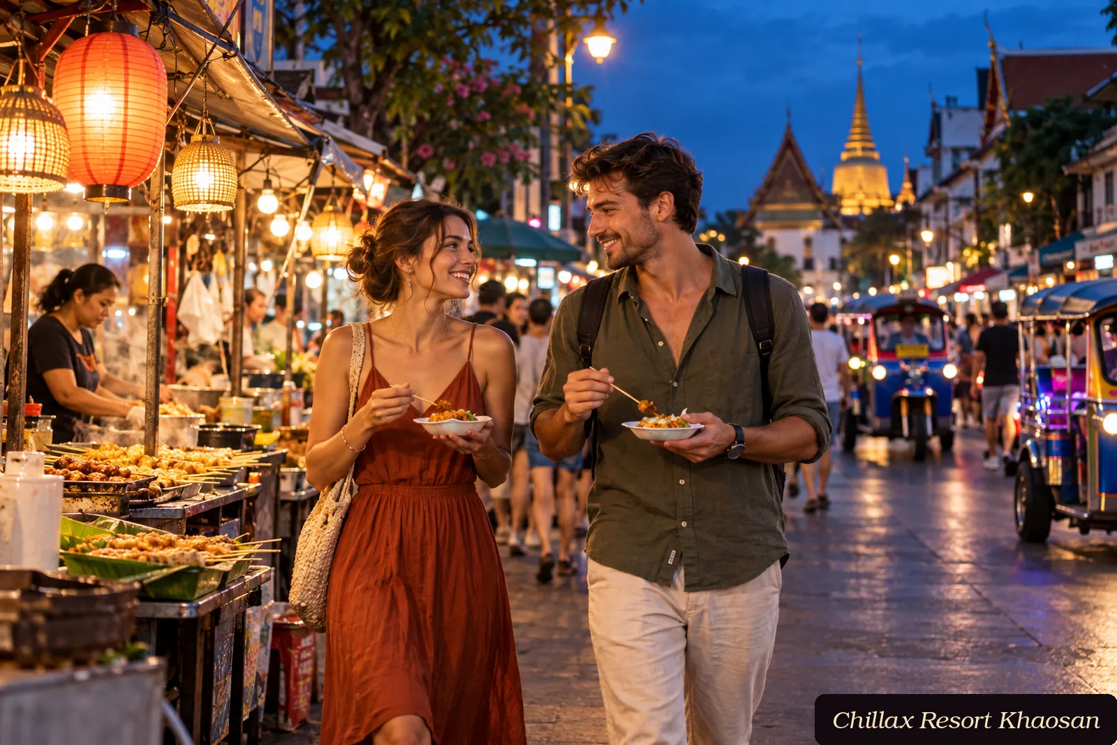 Adult tourist couple enjoying a street-food date near Khaosan Road