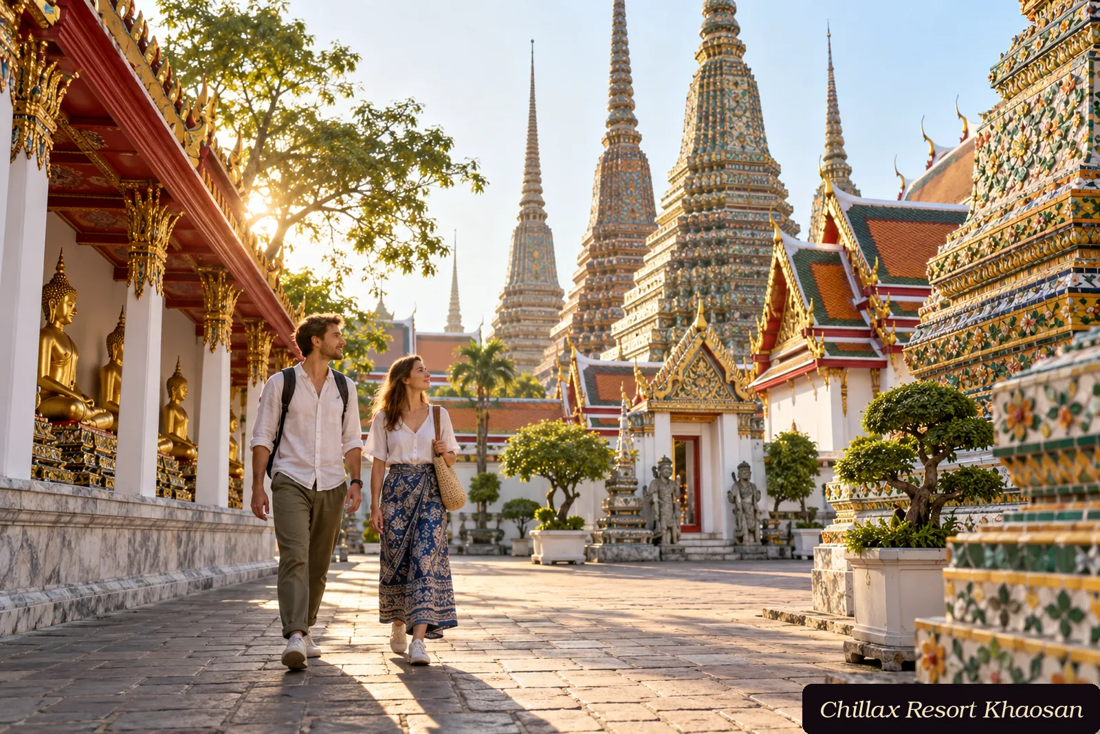 Adult tourist couple walking at Wat Pho in Bangkok Old Town