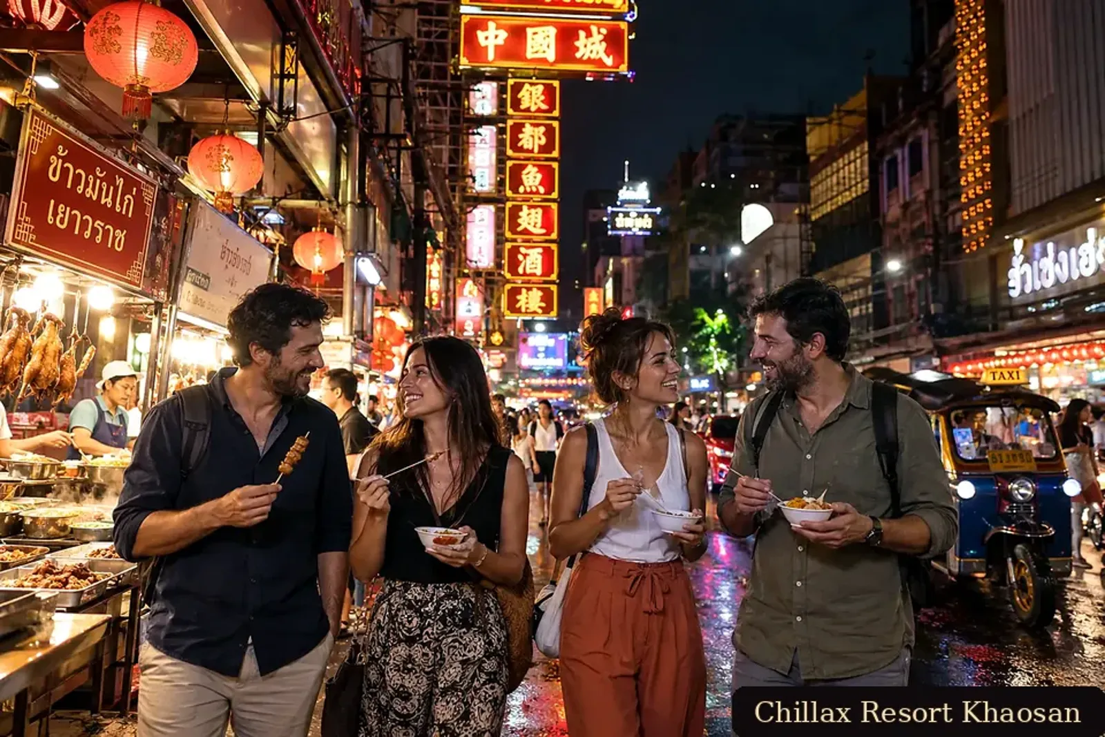 Adult couples exploring Bangkok's night market streets