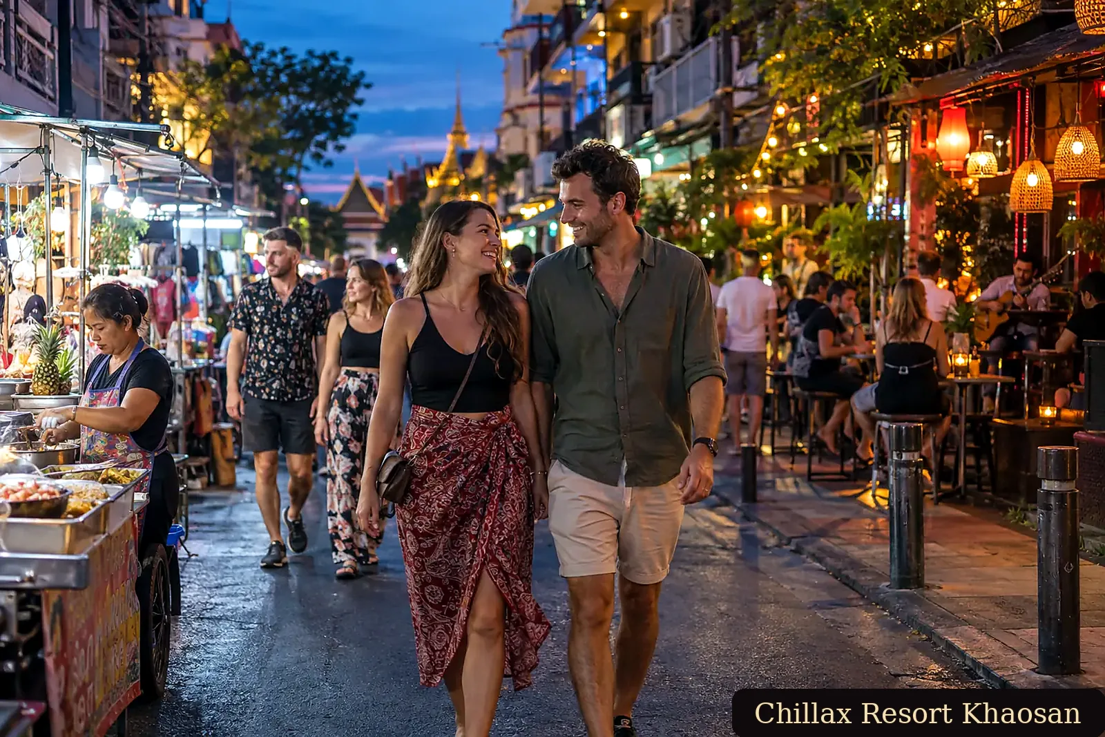 Adult tourists enjoying Khaosan Road and Banglamphu at night