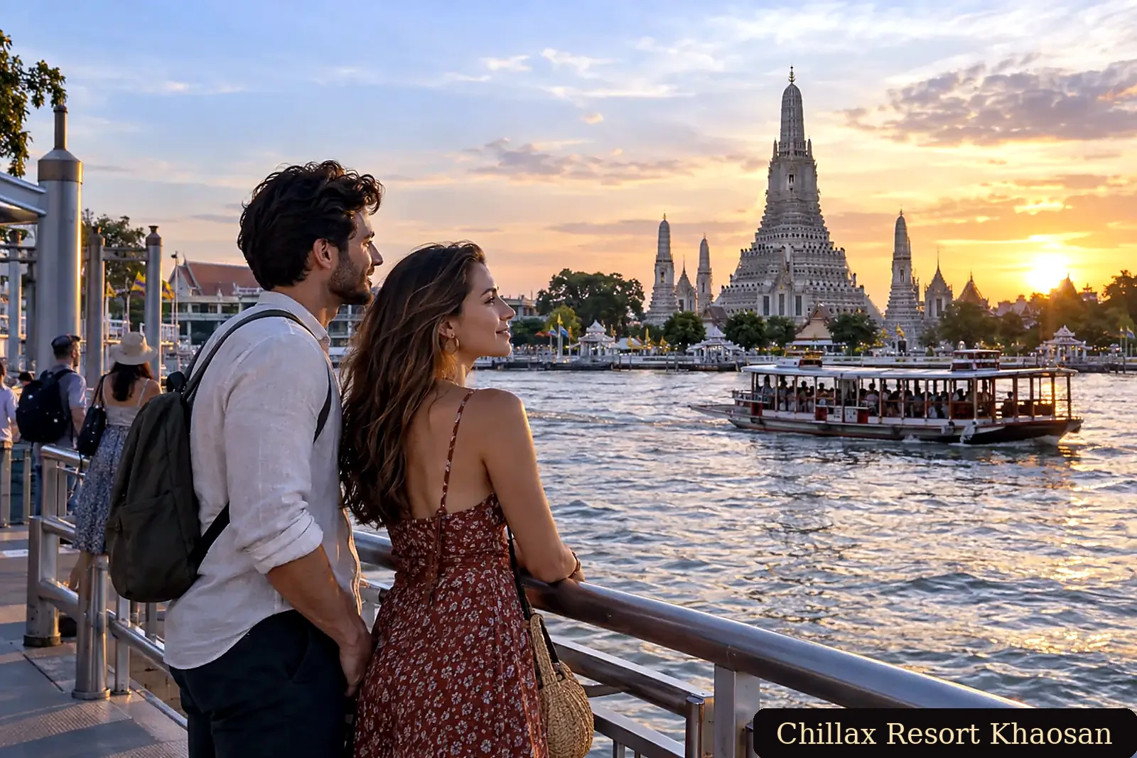 Adult couples enjoying a romantic sunset by Wat Arun and the Chao Phraya River
