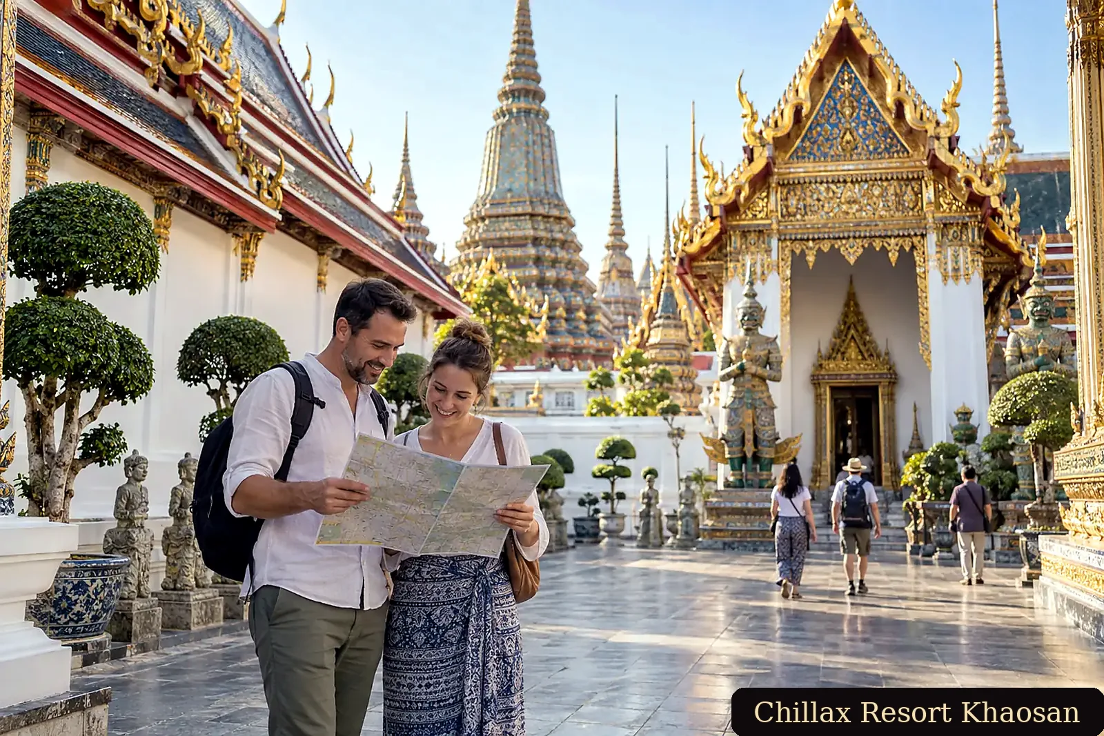 Adult tourists visiting a Bangkok temple in the morning