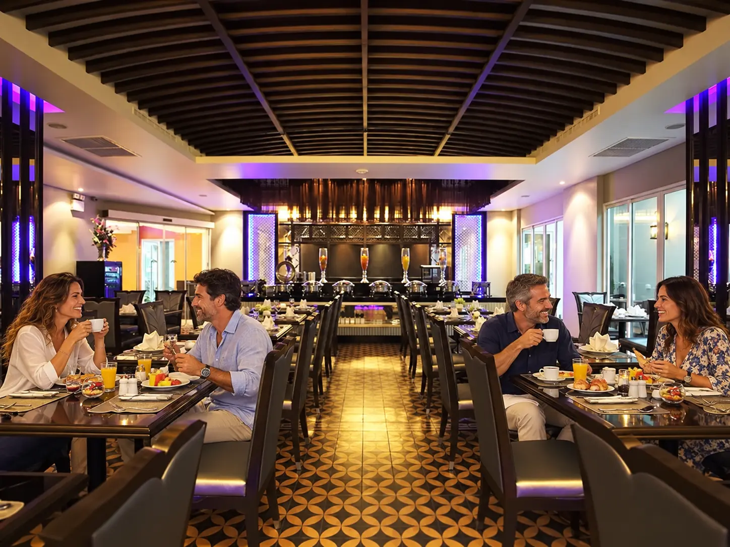 Two adult couples having breakfast at Chillax Resort's Pranakhon Restaurant