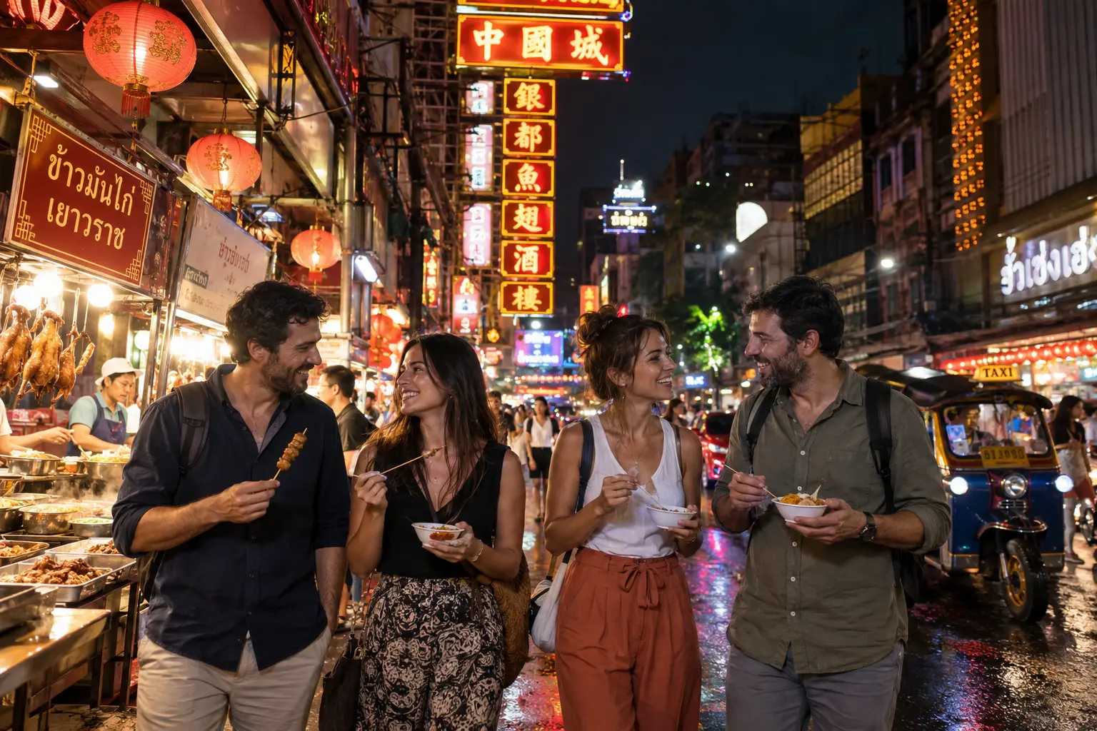 Two adult couples exploring Bangkok's Yaowarat Chinatown night market