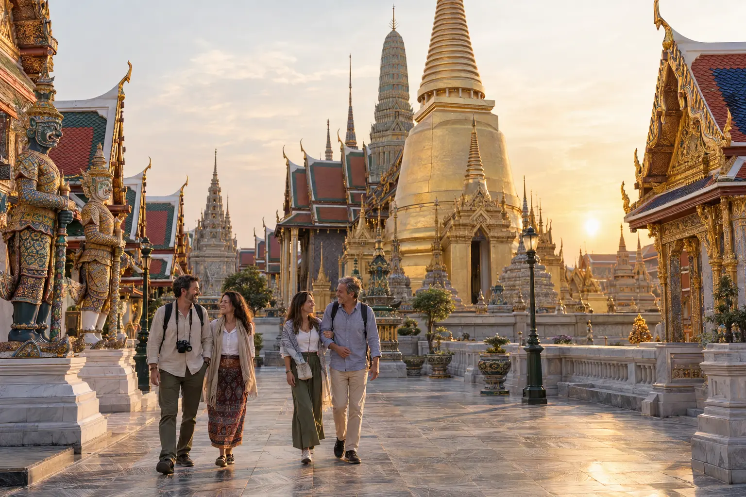 Two adult couples visiting Bangkok's Grand Palace temple precinct at dawn