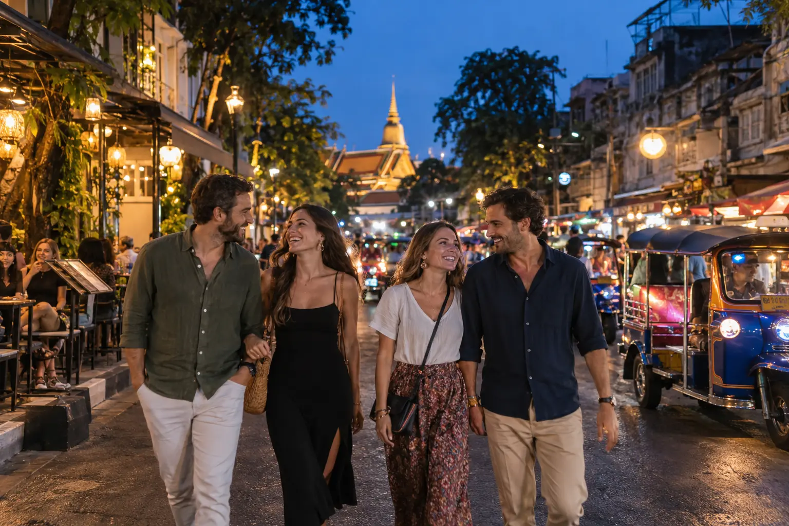 Two adult couples enjoying an evening walk near Khaosan Road and Rambuttri