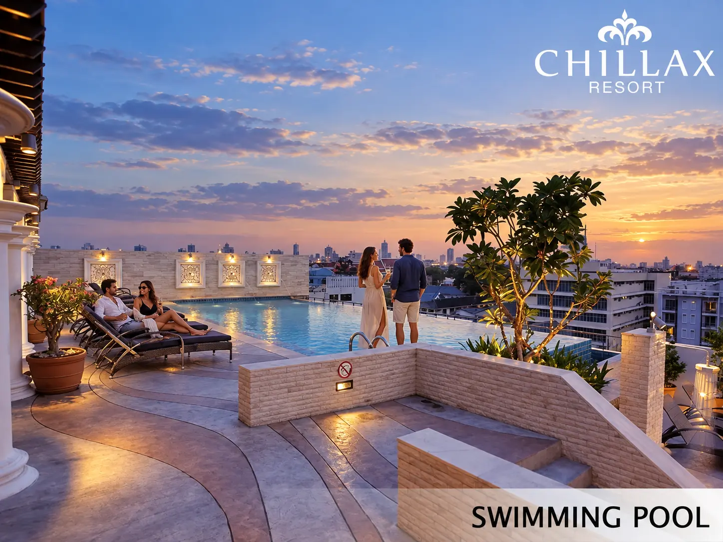 Two adult couples enjoying the Chillax Resort rooftop swimming pool at sunset