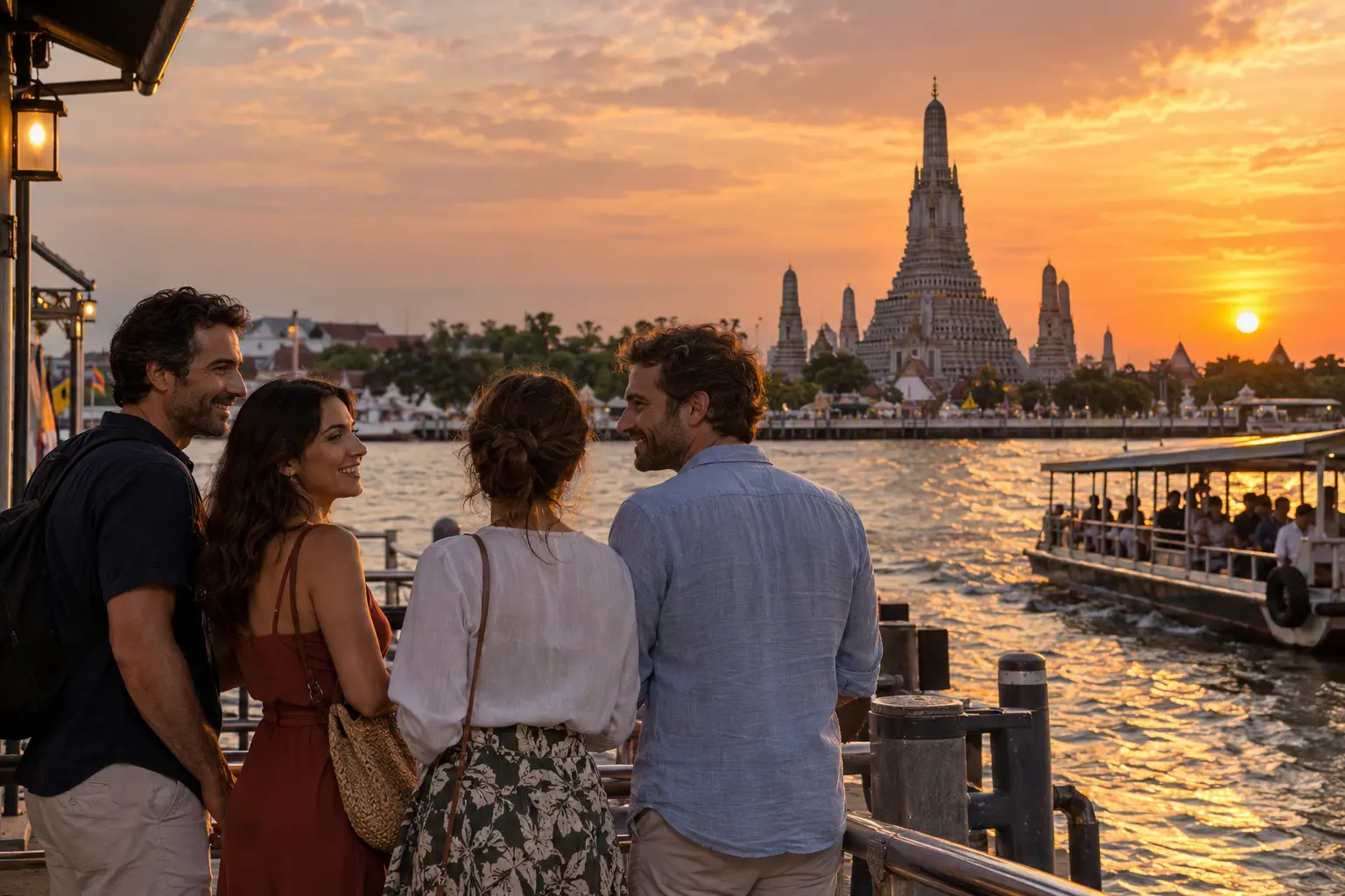 Two adult couples enjoying a Chao Phraya sunset view of Wat Arun